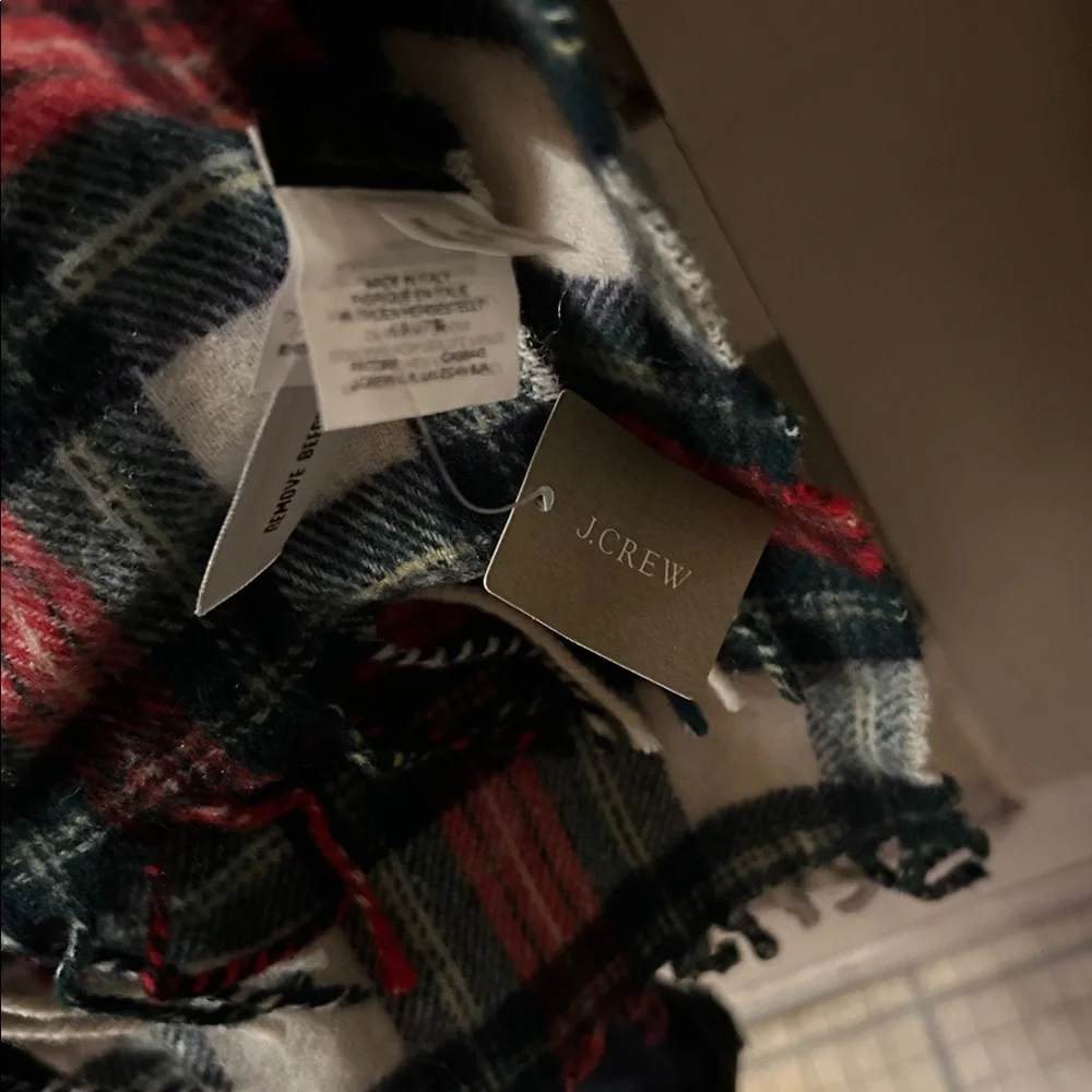 J. Crew wool blend plaid scarf red white blue green